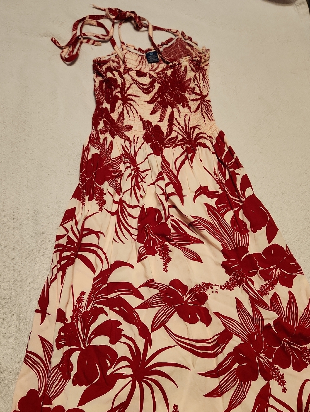 Women’s Red & Cream Floral Dress - Smocked Bodice